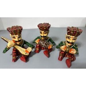 Vtg Colorful‎ Hand Painted Wooden Rajasthani Musician Figurines 3 Pc Indian